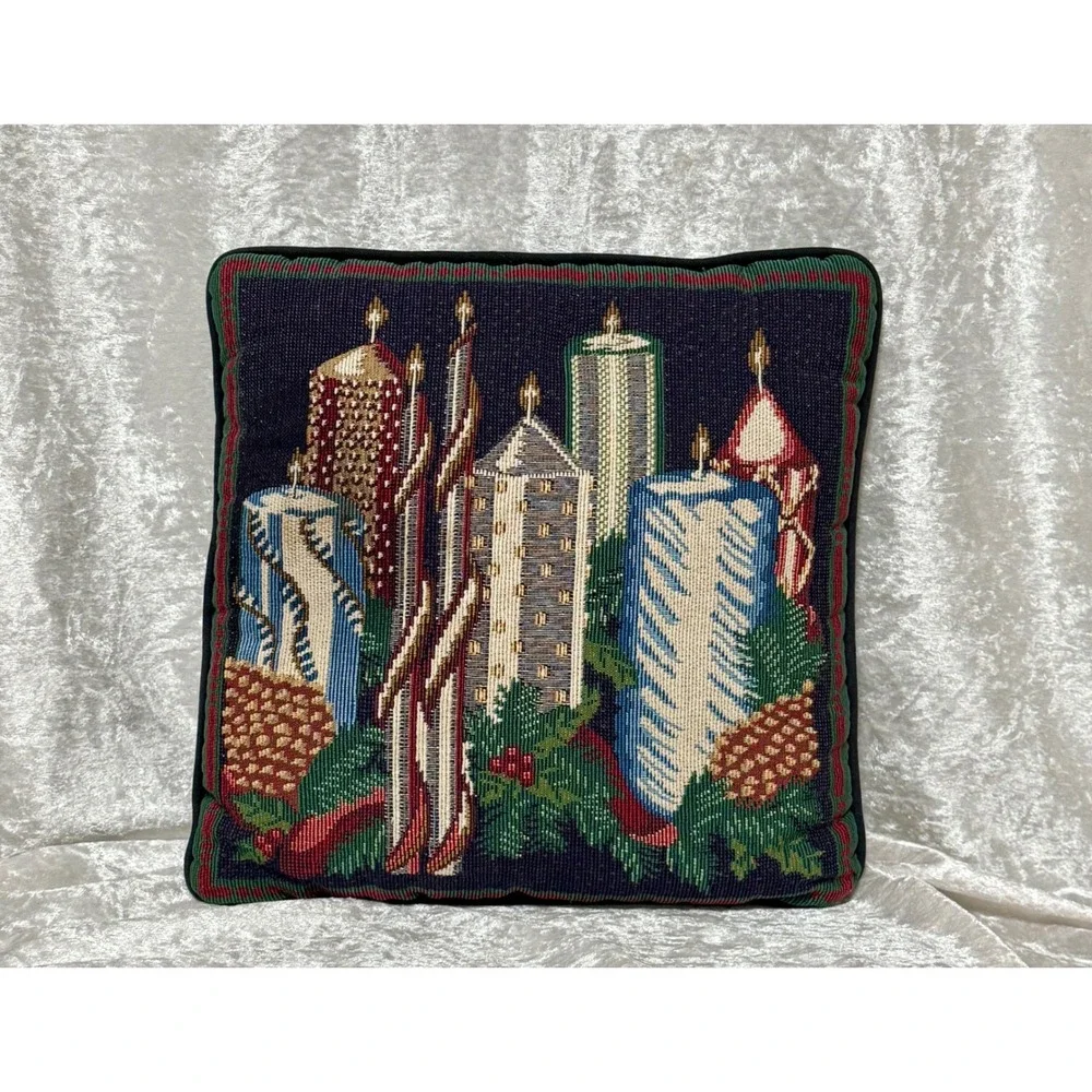Vintage Christmas Candle Tapestry Accent Pillow Cozy Holiday Decor 18